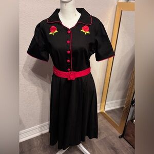 Chic Black Dress with Red Rose Embroidery